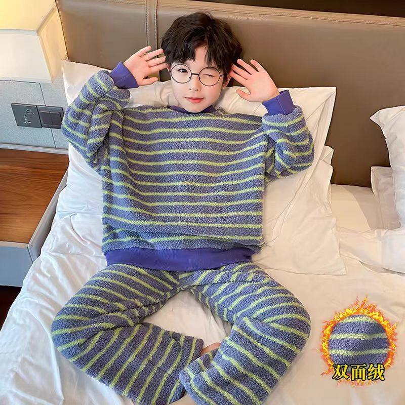 男童珊瑚绒睡衣加绒加厚秋冬款新款儿童男孩中大童冬季家居服