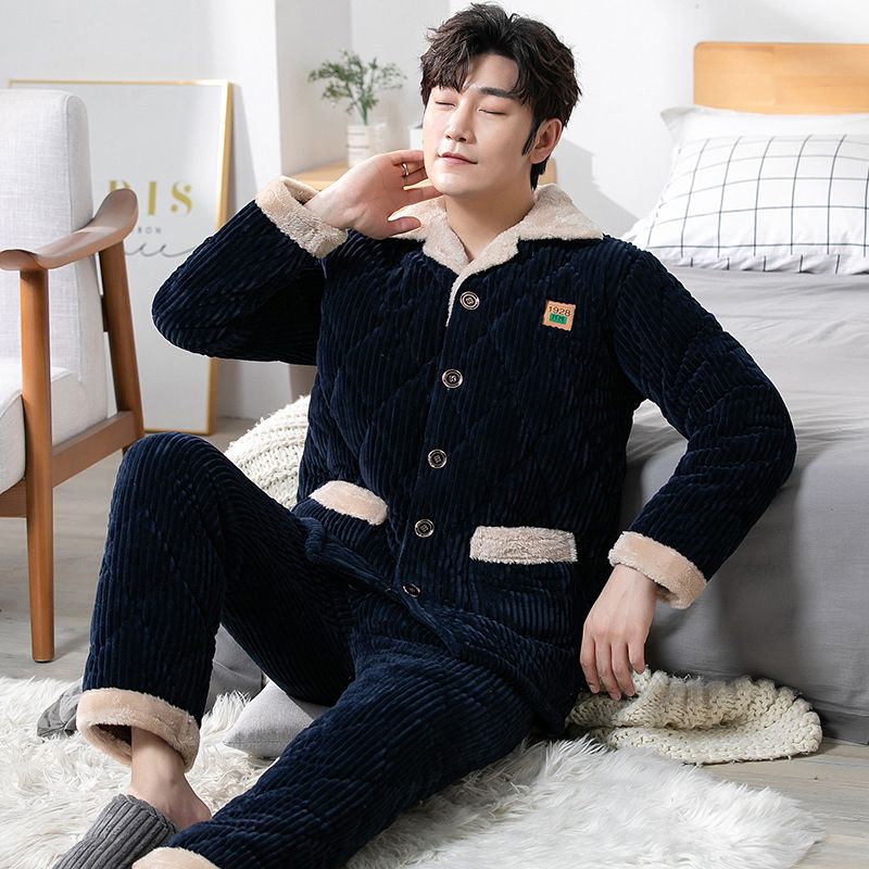 睡衣男冬季加绒加厚三层夹棉法兰绒家居服套装珊瑚绒保暖外穿冬款