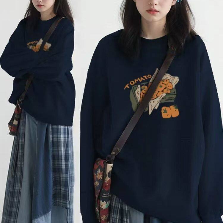 慵懒风宽松圆领卫衣女2025秋冬新款加绒加厚美式重磅套头上衣ins