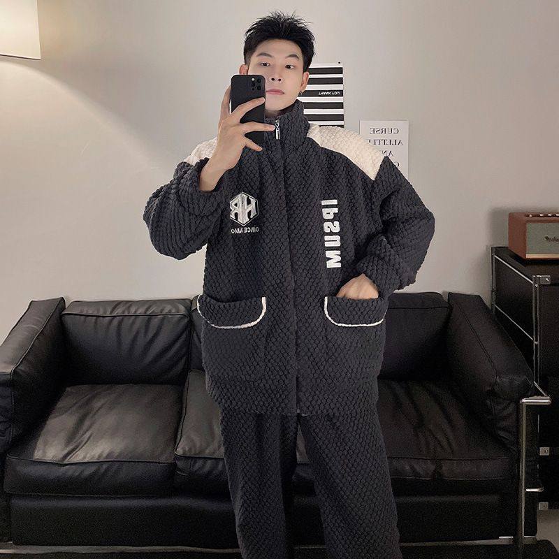 2025年新款法兰绒睡衣套装男秋冬季款加绒加厚珊瑚绒家居服可外穿