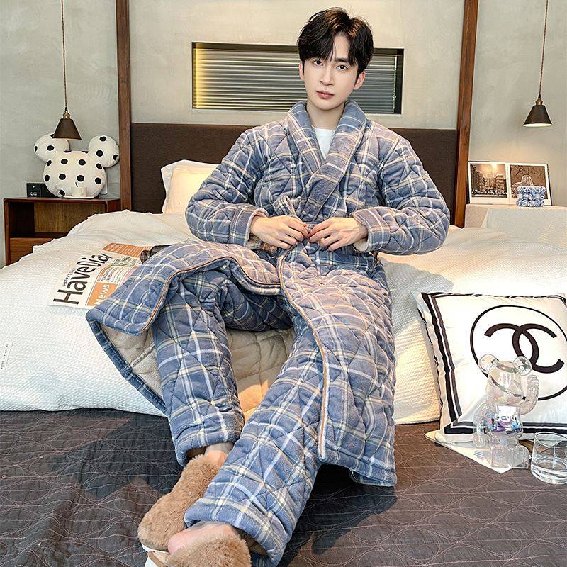 睡衣男冬天加厚保暖睡袍三层夹棉珊瑚绒加绒青少年男款家居服套装