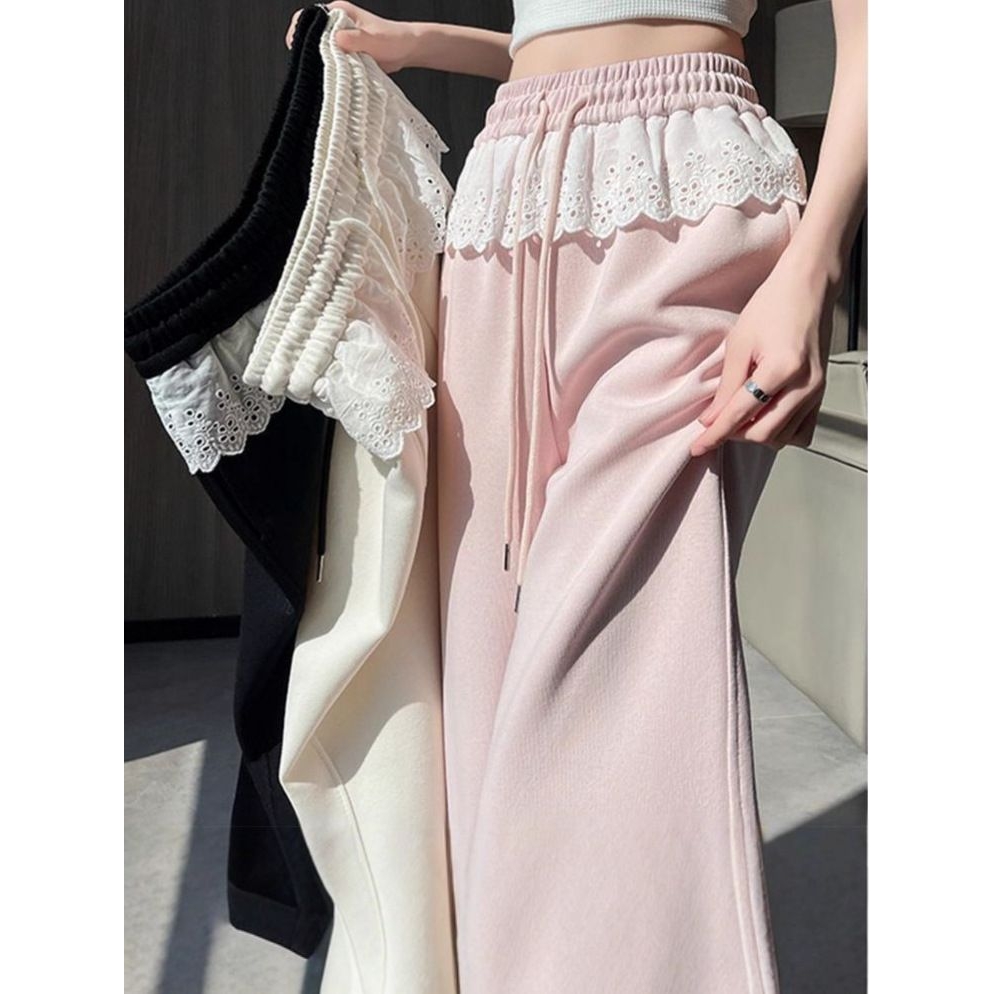 2025秋季新款松紧腰宽松可调束脚休闲阔腿裤子花边拼接运动卫裤女