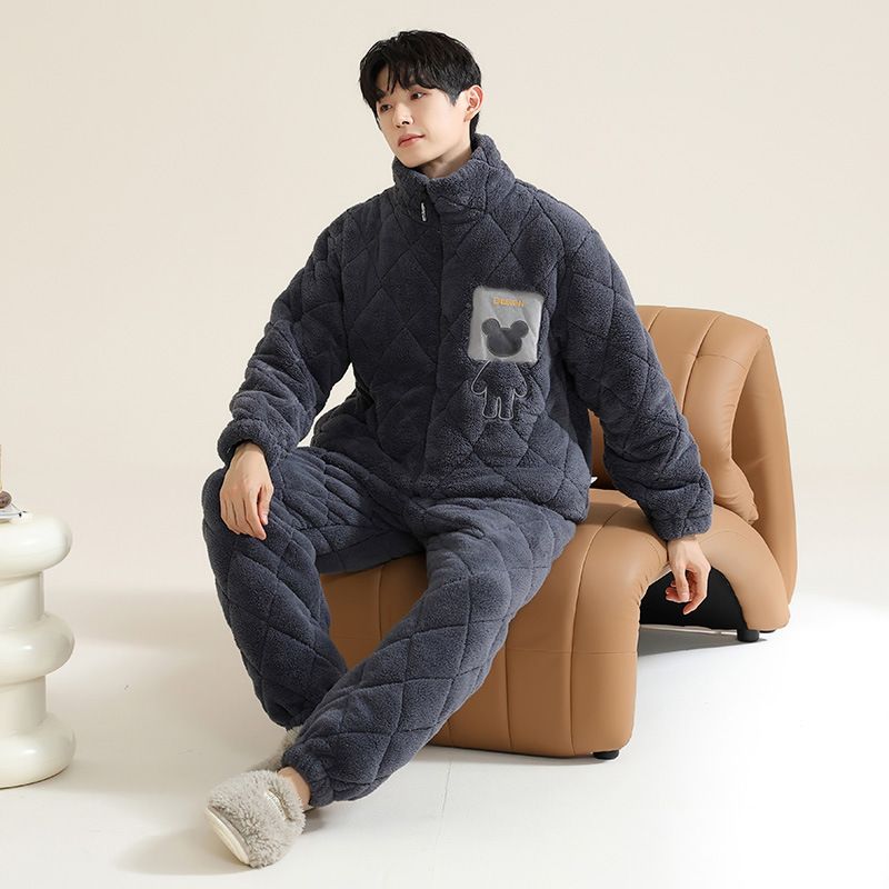 三层夹棉睡衣男款2025加厚保暖珊瑚绒棉袄家居服男套装开衫拉链