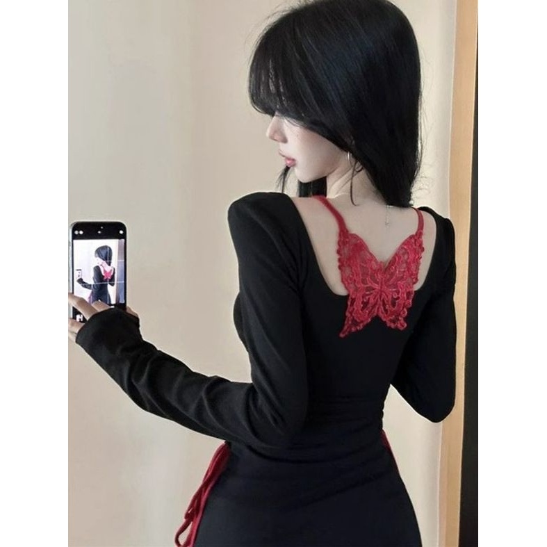 黑白撞色设计感抽绳露背长袖T恤女内搭打底衫假两件蕾丝蝴蝶上衣