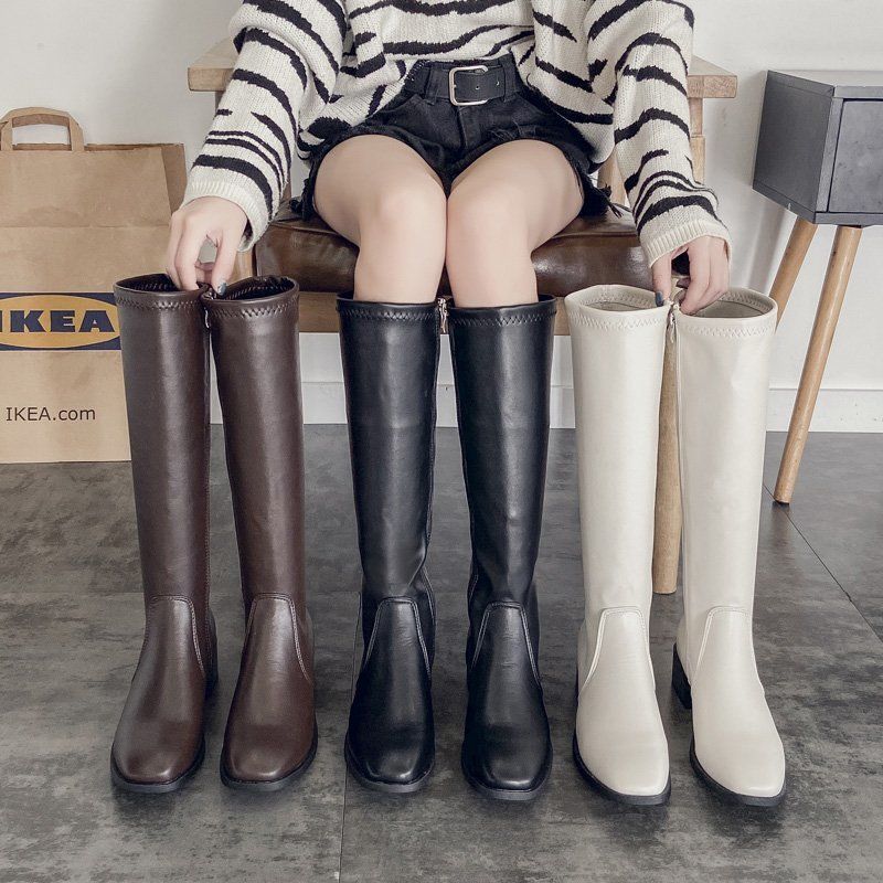 长筒靴女2025新款英伦风高筒方头侧拉链小个子瘦瘦时装显腿长