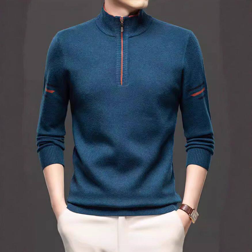 冬季新款男士加厚针织长袖毛衣中年爸爸装半拉链含羊毛宽松打底衫