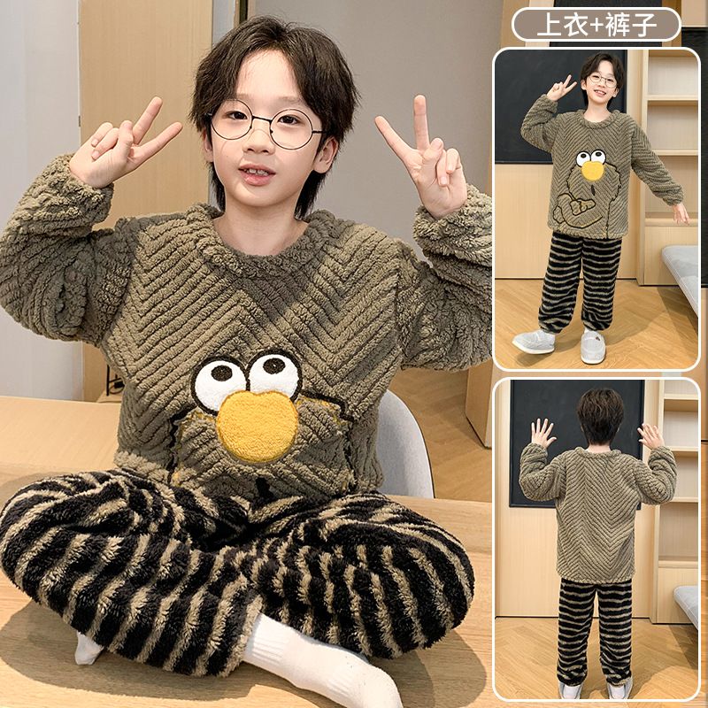 男童睡衣儿童秋冬季珊瑚绒加绒加厚新款法兰绒男孩家居服套装
