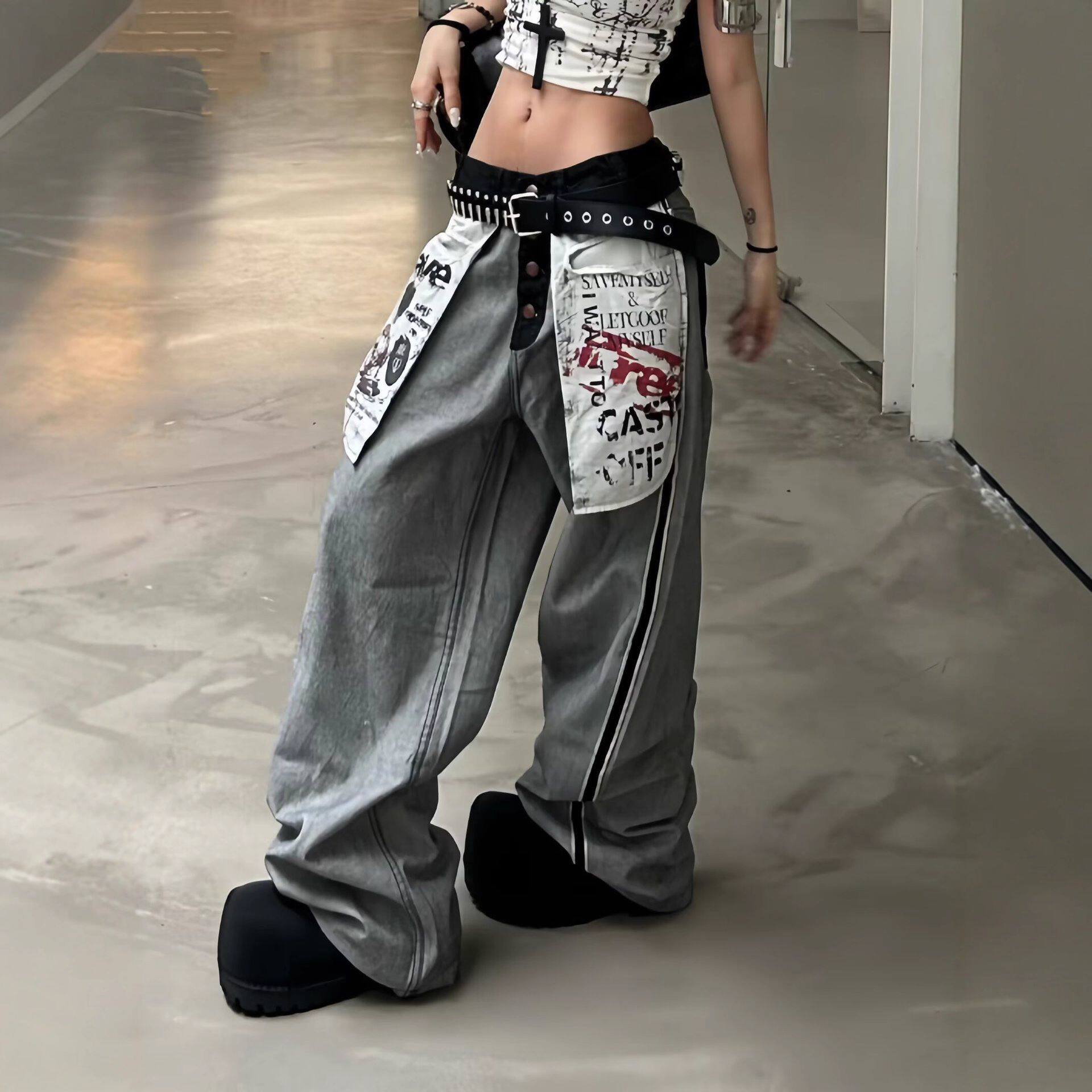 复古口袋印花拼接设计感阔腿牛仔裤女慵懒风宽松辣妹嘻哈弯刀裤子