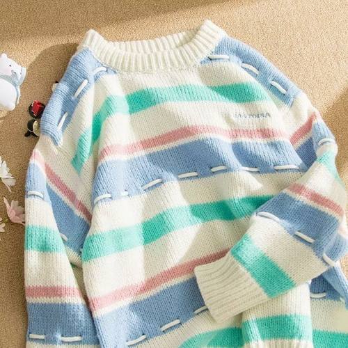 港风小清新条纹套头毛衣女秋冬小个子宽松慵懒风针织衫情侣上衣冬