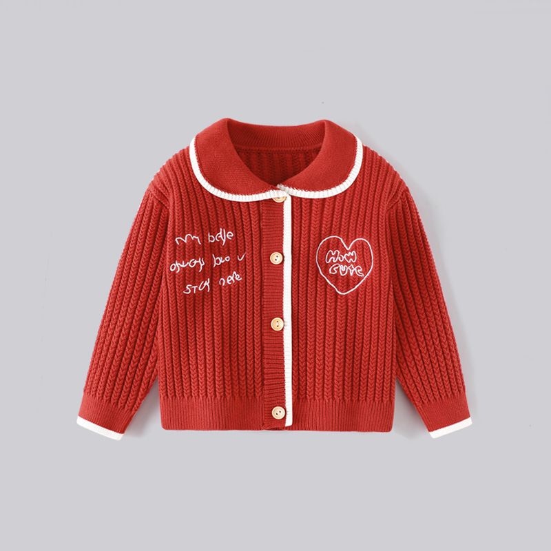 新款儿童坑条刺绣翻领开衫秋冬男女孩韩版保暖加厚外套中小童毛衣