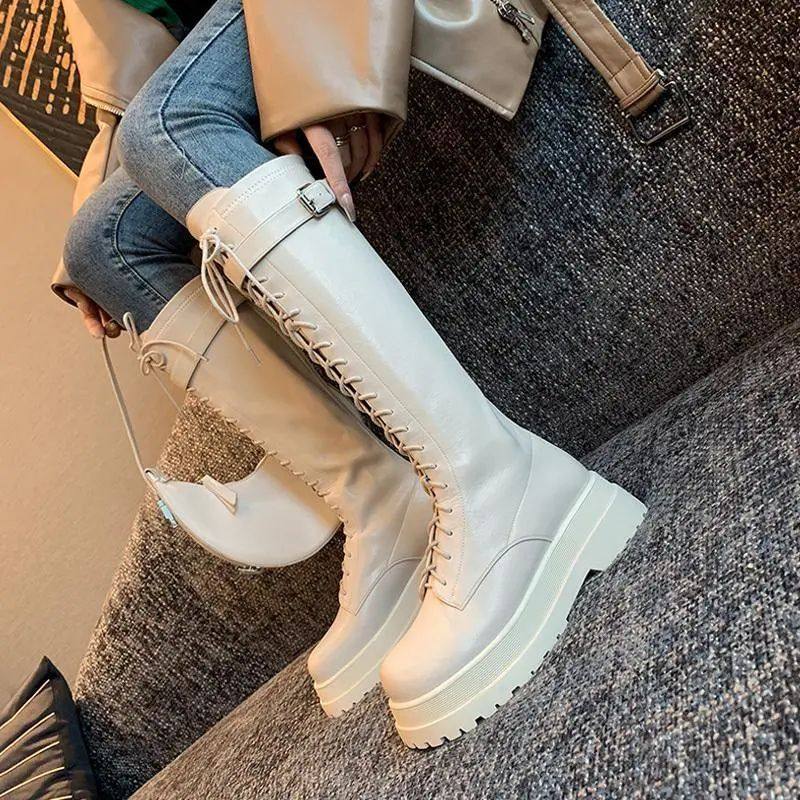 交叉绑带白色长靴女不过膝厚底长筒靴小个子骑士靴圆头高筒马丁靴,女鞋,骑士靴,淘宝优惠券,粉丝福利购,淘宝优惠卷