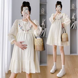 可爱荷叶边娃娃裙连衣裙 春秋重工刺绣灯笼袖 实拍 孕妇装