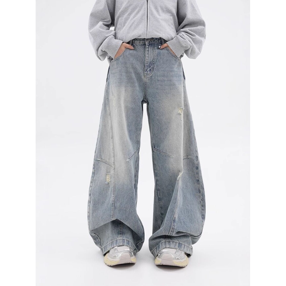 2025春秋新款磨破弯刀裤宽松拖地水洗做旧牛仔裤男美式复古长裤子