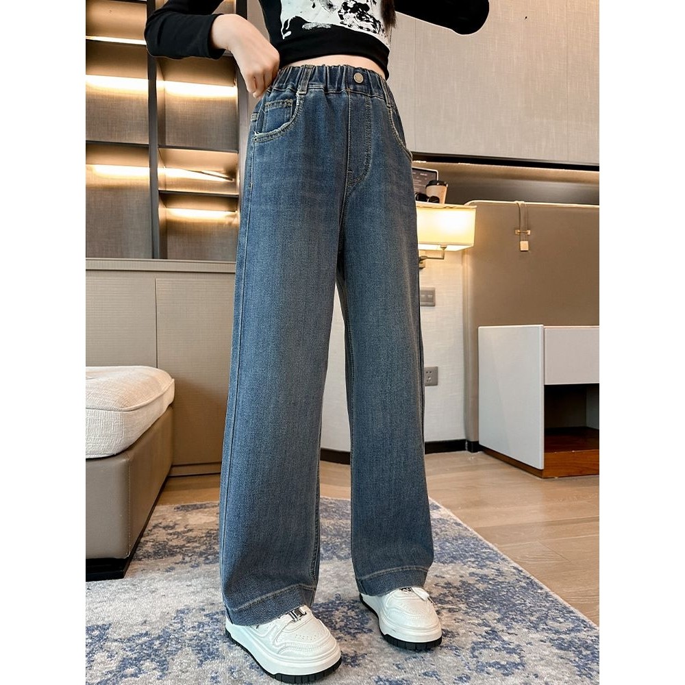 女童加绒牛仔裤秋冬外穿2025新款儿童加厚直筒长裤大童冬季阔腿裤