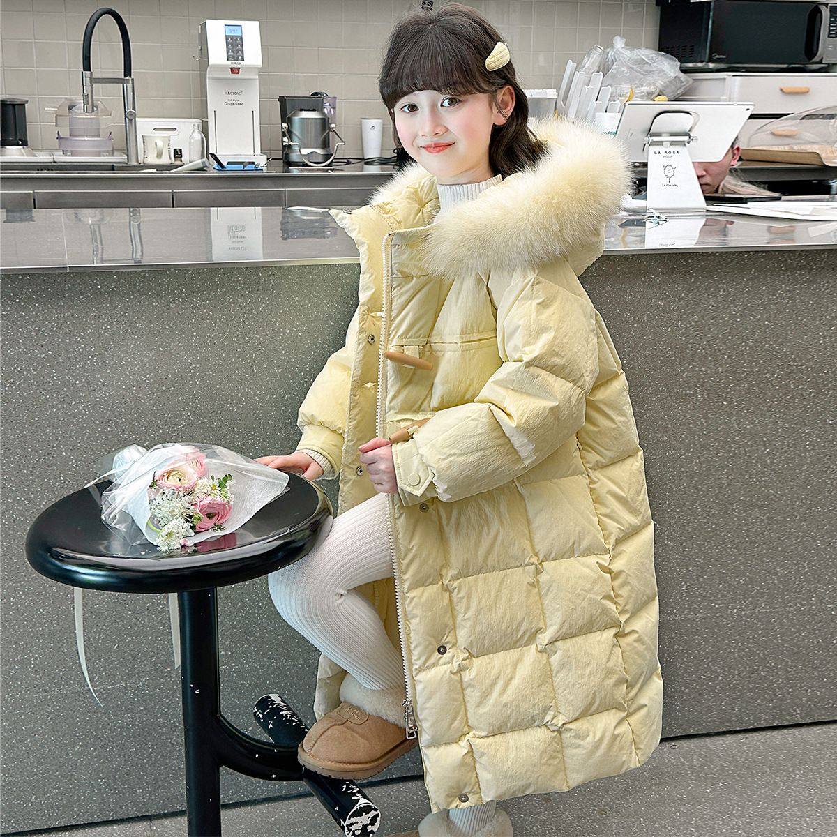 可拆卸大毛领女童长款格子羽绒棉服冬季夹克中大童保暖棉衣外套