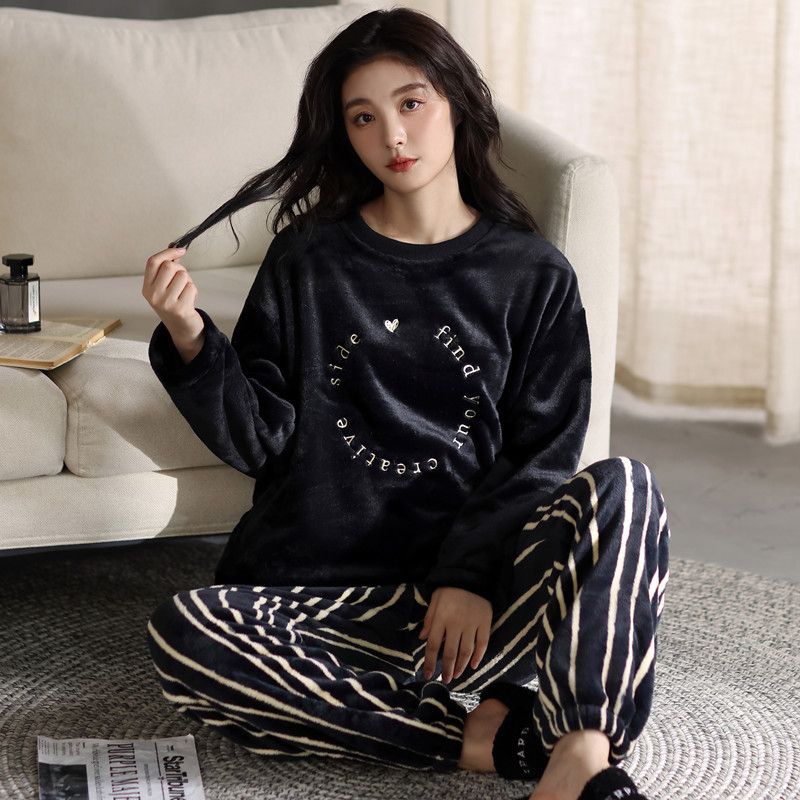 珊瑚绒睡衣女秋冬款冬天加厚加绒法兰绒家居服套装冬季保暖可外穿