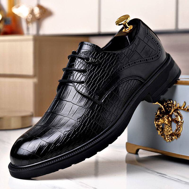男士商务休闲皮鞋系带尖头潮鞋男鳄鱼纹时尚英伦百搭商务正装男鞋