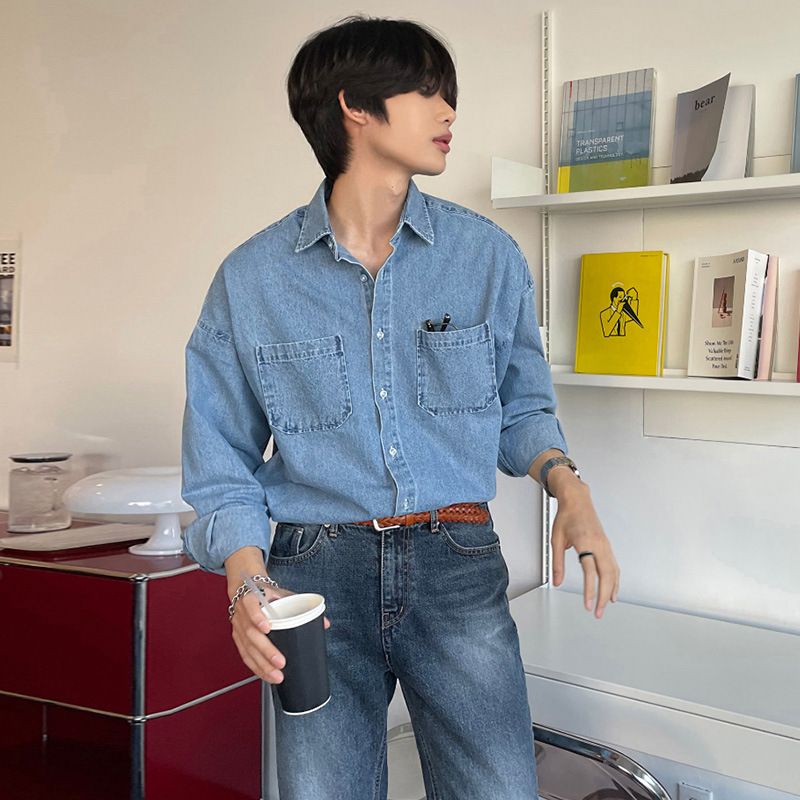 美式复古牛仔衬衣外套男轻熟风新款宽松长袖高级感多口袋工装衬衫