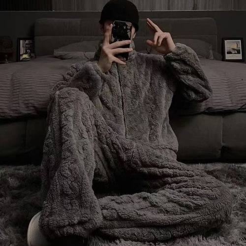 简约纯色拉链珊瑚绒睡衣男秋冬款加厚加绒可外穿法兰绒立领家居服
