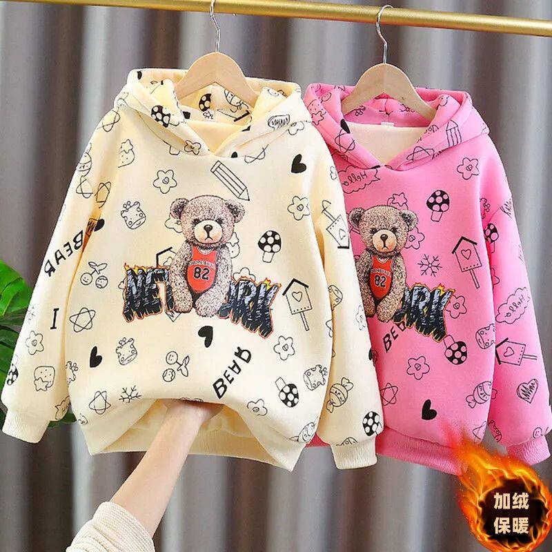 女童加绒洋气连帽秋冬季卫衣女宝宝时髦加厚上衣韩版儿童冬装休闲
