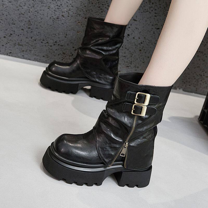 烟筒靴女靴子2025新款秋冬中筒休闲两穿套筒短靴粗跟时装靴裤管靴