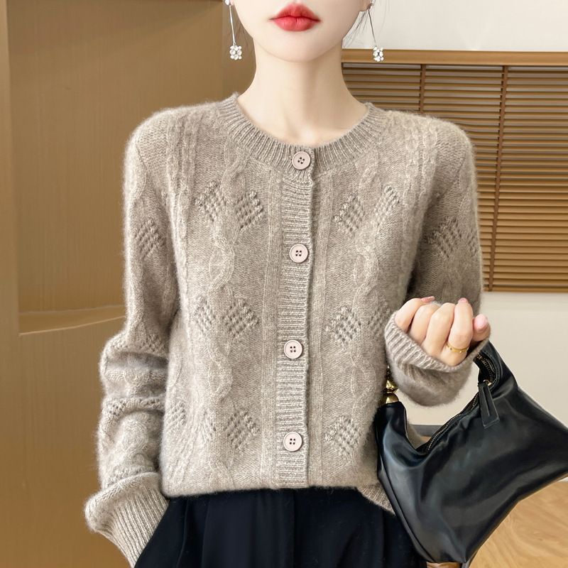 100%羊毛女装镂空羊毛衫女圆领七针加厚毛衣外套保暖针织开衫外套