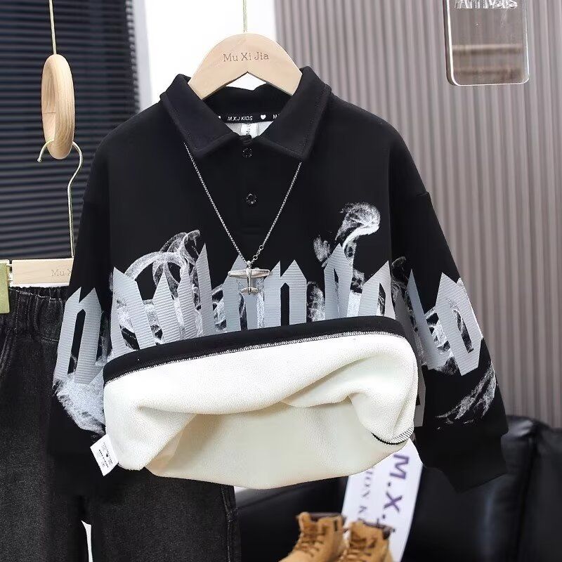 男童冬装加绒卫衣春秋冬款POLO领新款中大儿童加厚上衣一体潮