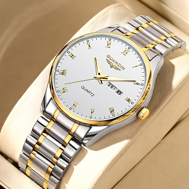 冠琴手表男款全自动机械表中老年男表钢带石英表送父亲礼物夜光