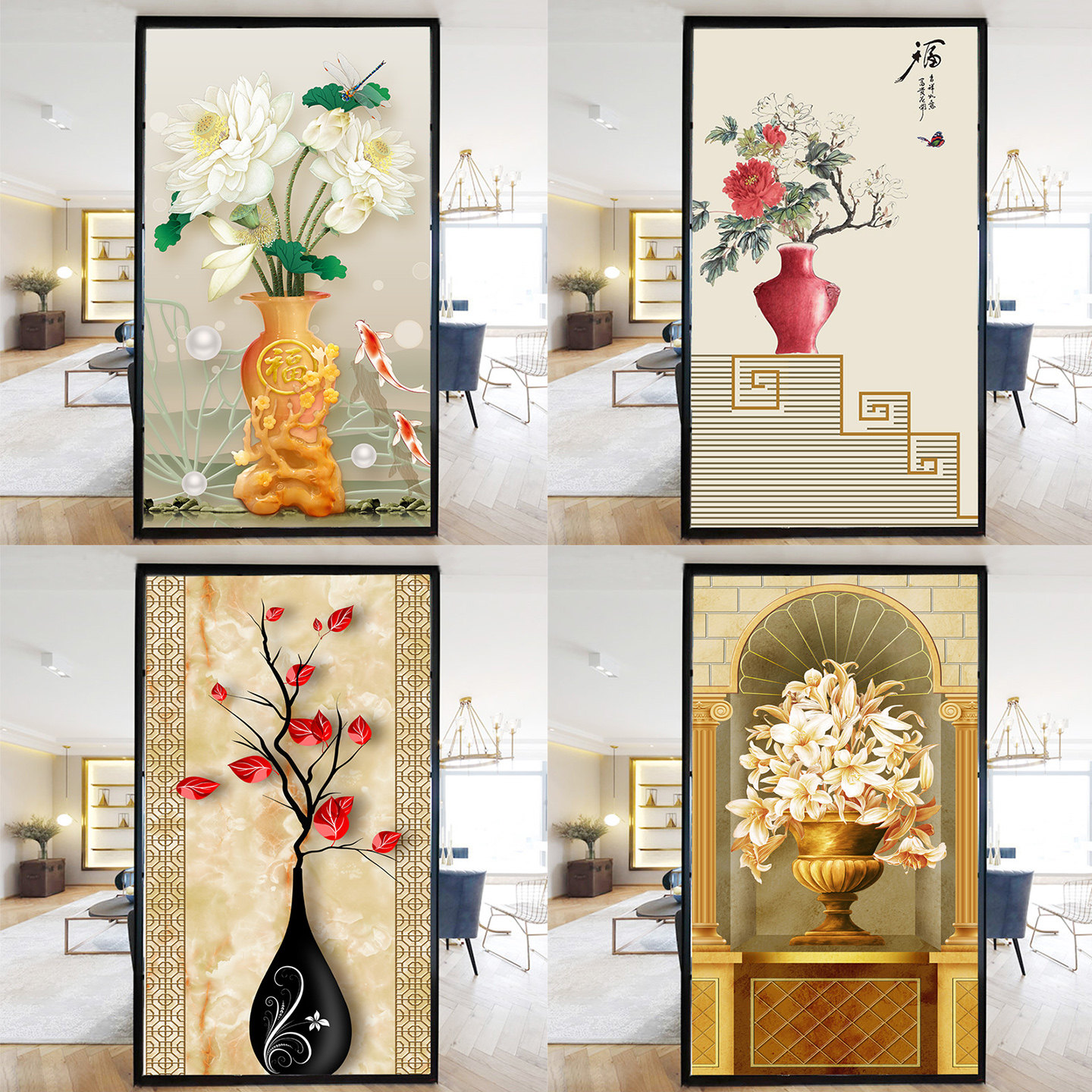 玄关镜面贴纸单门木门贴纸走廊过道背景墙面隐形门翻新装饰3D花瓶