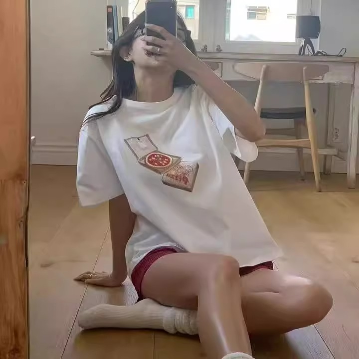 01710# 【新店开业活动】（100%棉）慵懒宽松卡通印花短袖T恤女