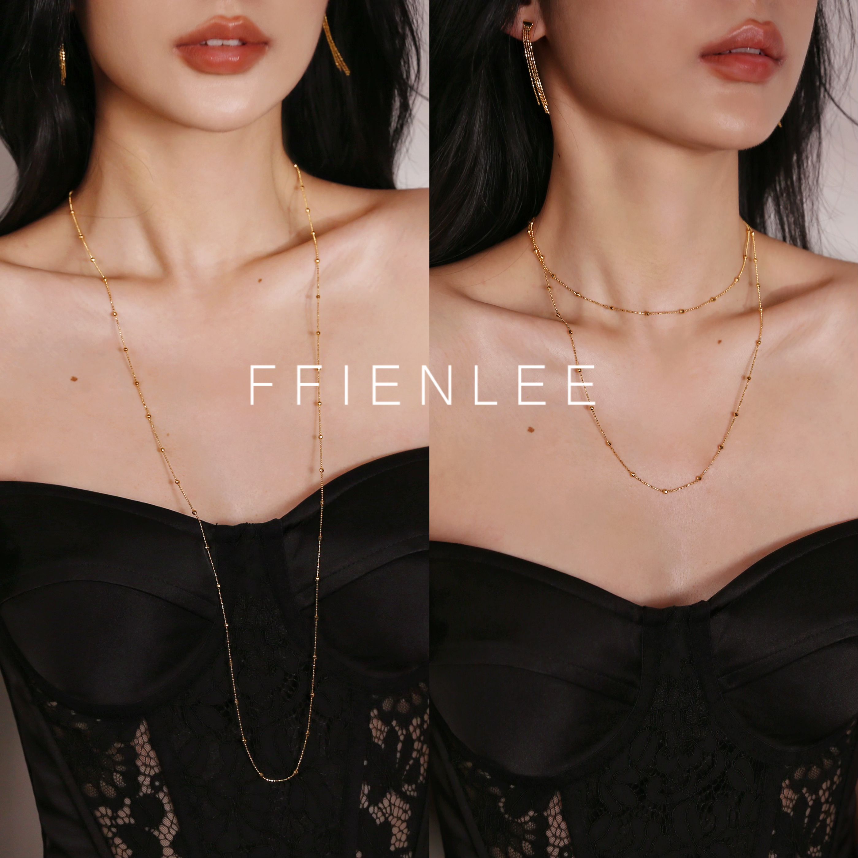 坠链均925银  鎏光金焰 轻奢小众多双层叠搭金圆珠细锁骨豆豆项链