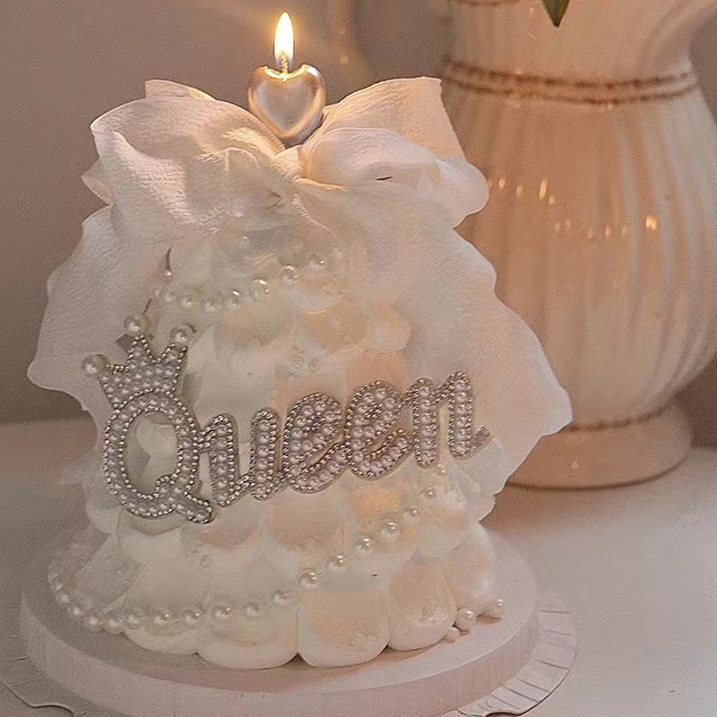 38女神女王节蛋糕装饰珍珠链条皇冠闪钻Queen褶皱荷叶边丝带装饰