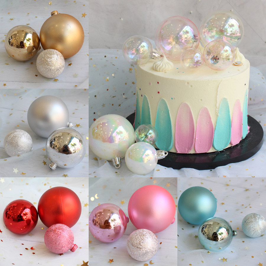 ins风生日蛋糕装饰摆件塑料透明彩色七彩水晶球金珠银珠珠小球球