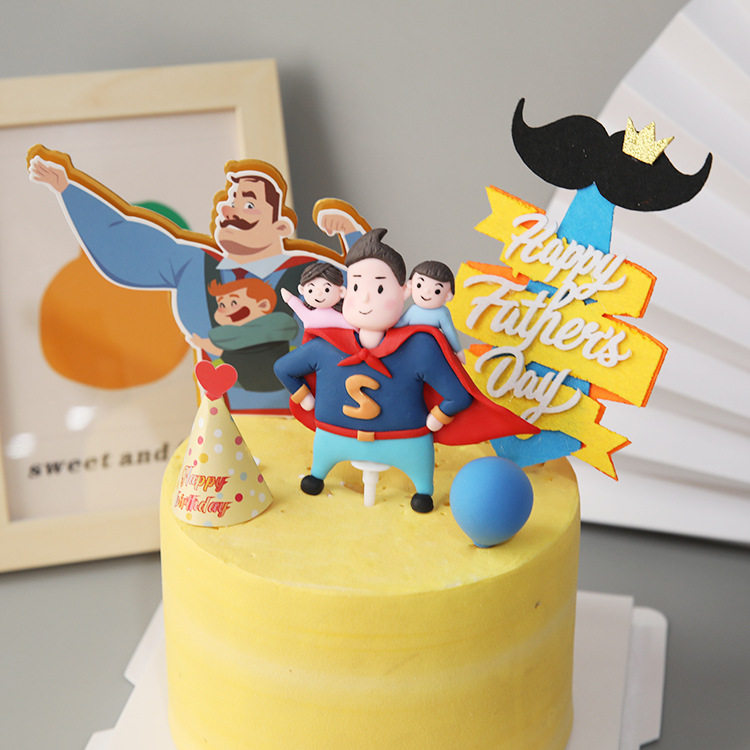 父亲节蛋糕装饰软陶爸超人爸爸抱儿子蛋糕摆件男神生日插件烘焙
