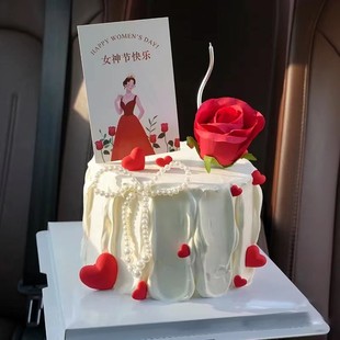 38女神节蛋糕装 饰 饰珍珠蝴蝶结摆件复古女神节快乐爱心卡片插牌装