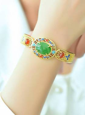铜镶嵌和田玉碧玉双鱼珐琅手镯