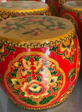 中式仿古家具手绘牛皮鼓凳实木凳换鞋凳圆凳矮凳板凳绣墩鼓墩坐凳