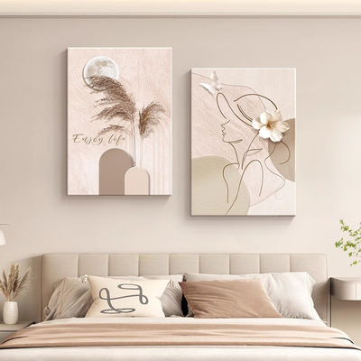 简约现代卧室床头背景装饰画原木奶油风客厅壁画抽象线条人物挂画