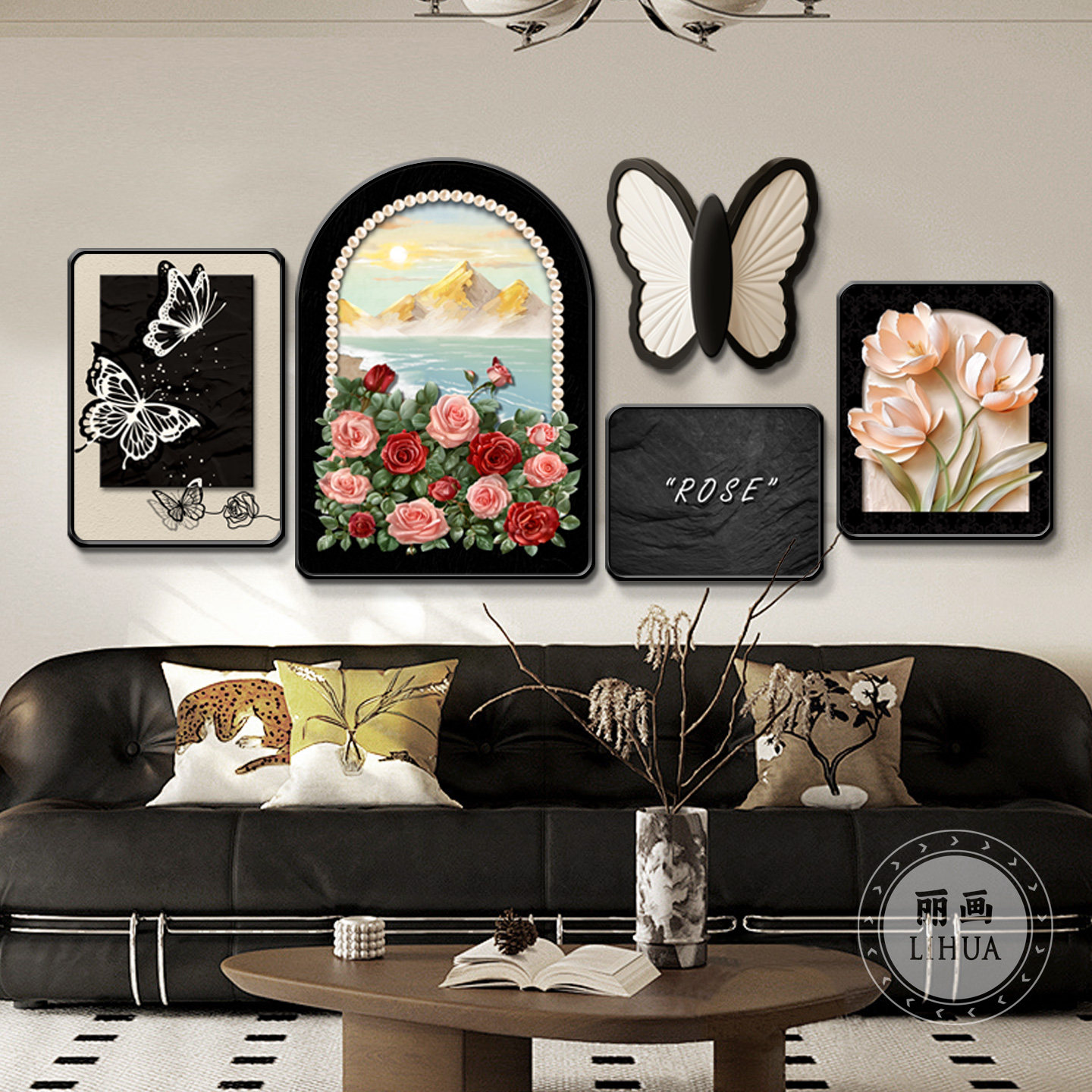 法式复古风客厅装饰画奶油中古风沙发背景墙挂画蝴蝶玫瑰组合壁画