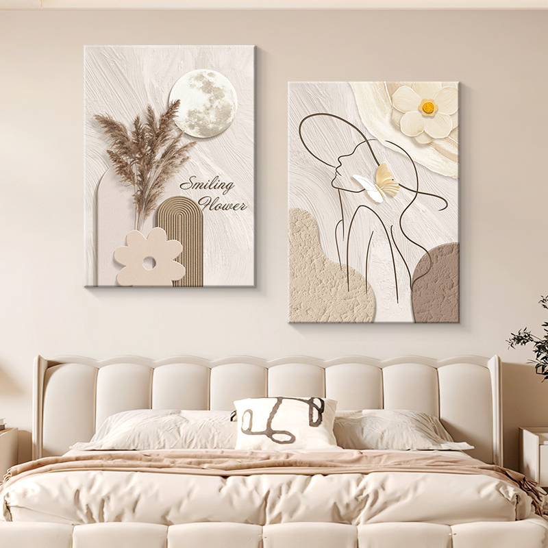 现代简约卧室床头装饰画抽象线条人物挂画奶油风原木风客厅墙壁画图片