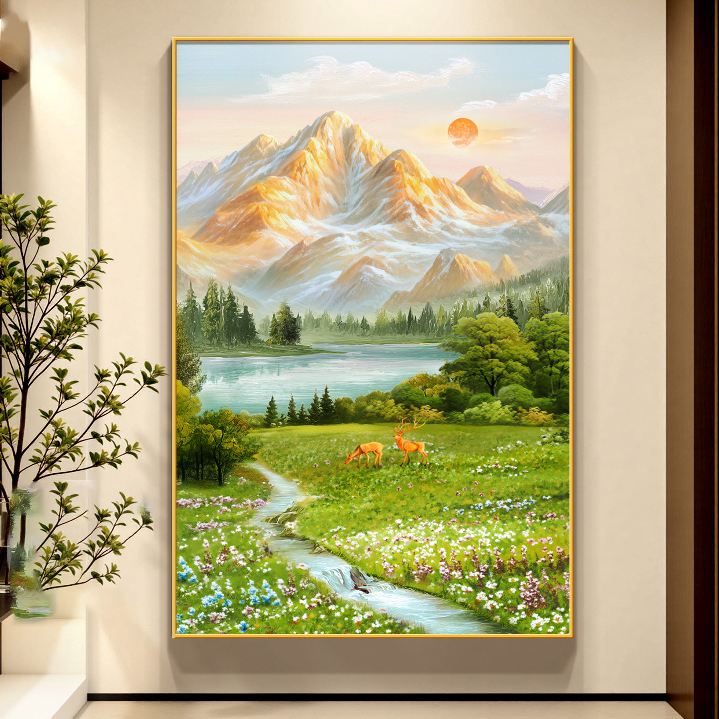 金山聚宝盆山水画入户玄关装饰画流水生财走廊过道挂画客厅聚财画