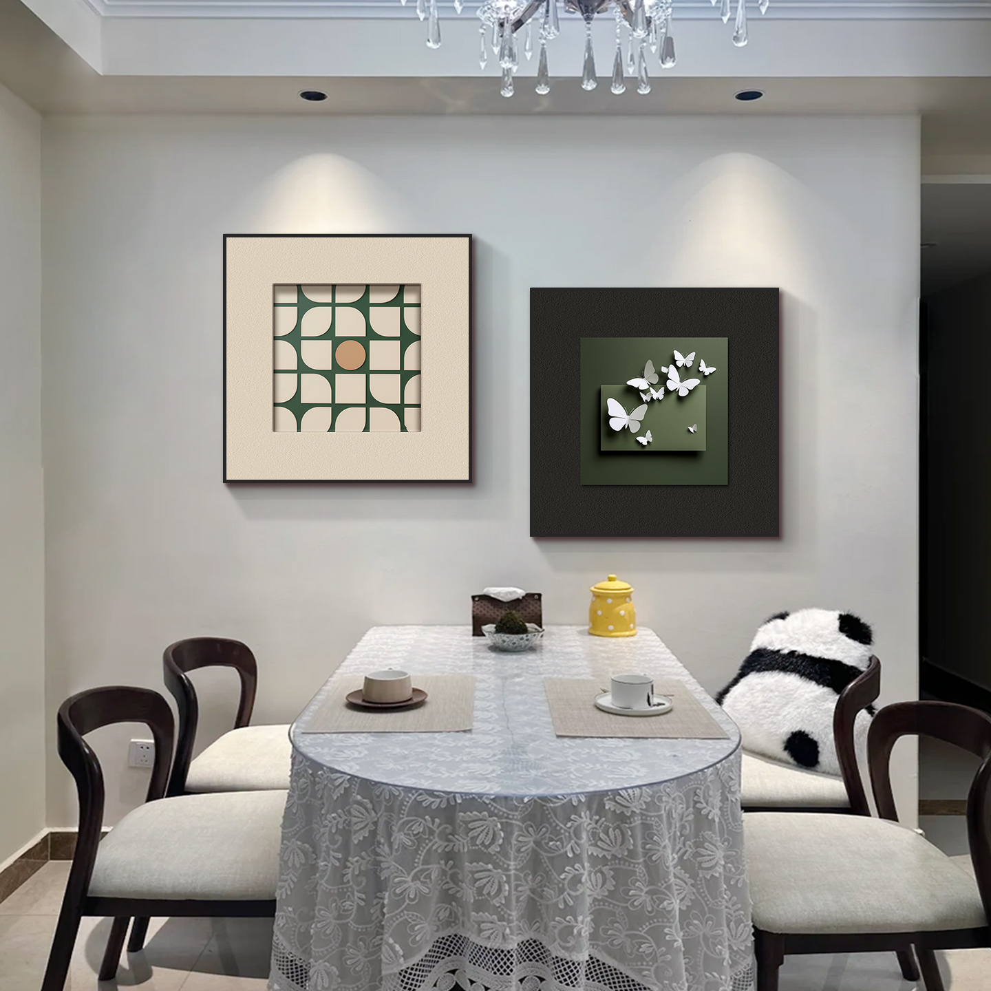 现代简约饭厅两联挂画2025新款餐厅装饰画蝴蝶极简餐桌背景墙装饰图片