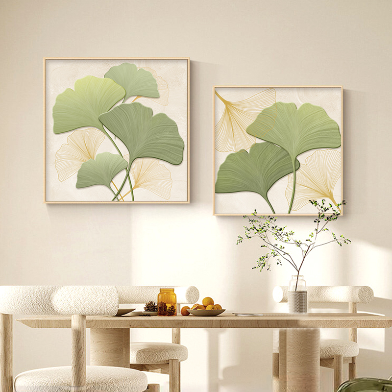 奶油风餐厅装饰画银杏叶客厅餐桌墙面挂画方形小清新卧室床头壁画图片