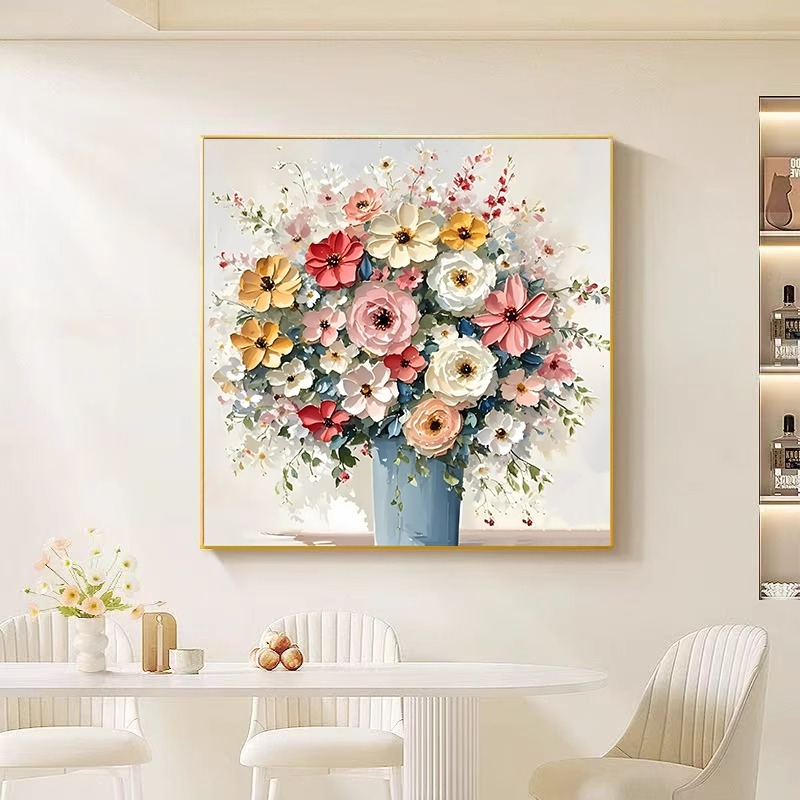 繁花似锦奶油风餐厅装饰画抽象花卉餐桌背景墙面壁画走道卧室挂画图片