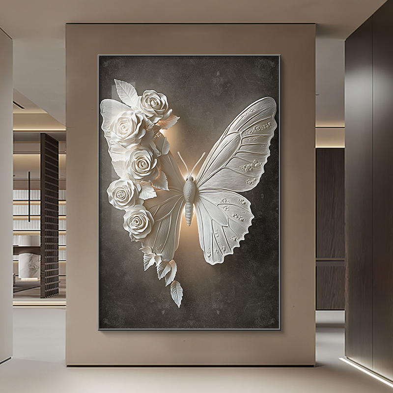 黑白蝴蝶玄关走道装饰画现代轻奢客厅沙发背景墙挂画卧室餐厅壁画图片