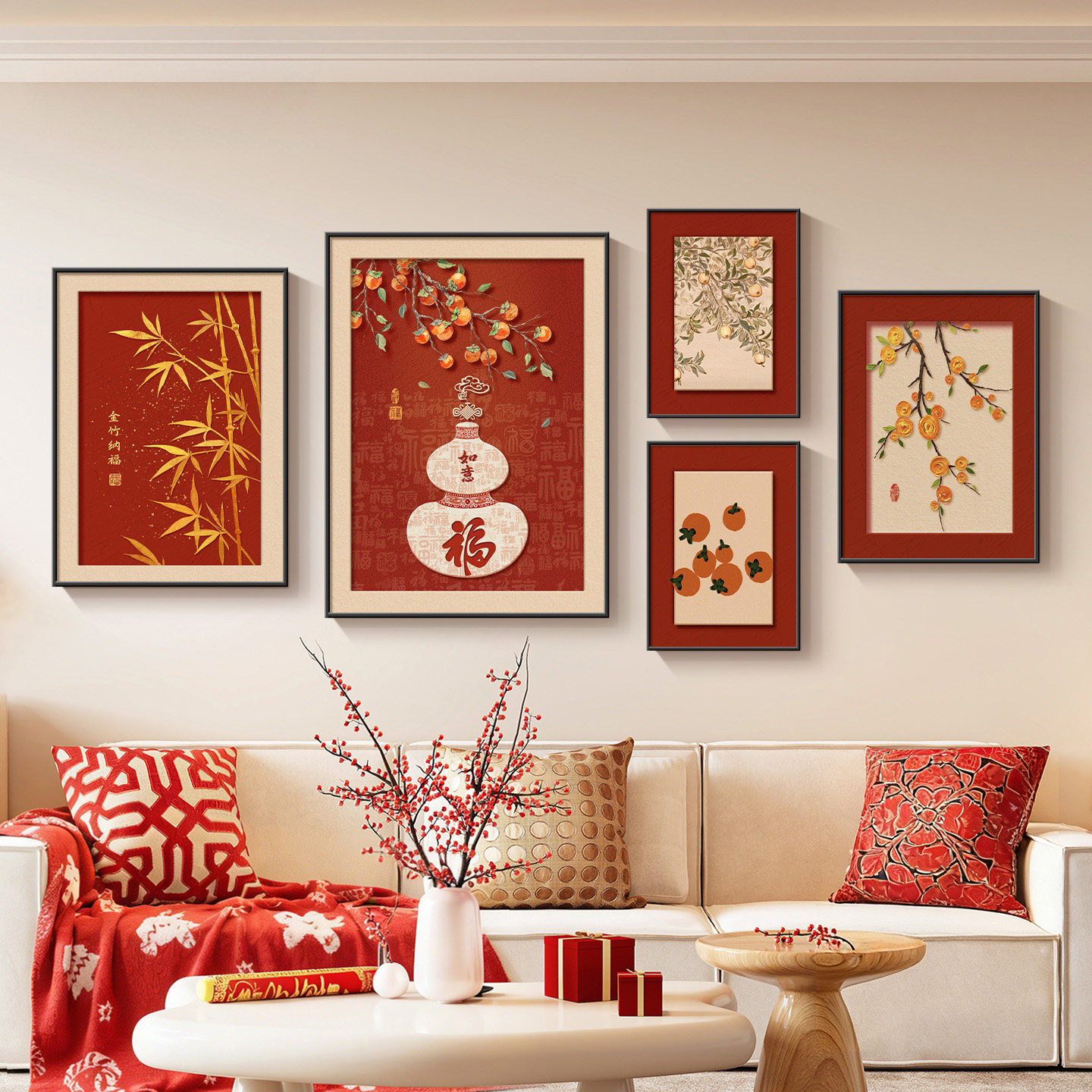 马上有钱客厅装饰画2026新款福字沙发背景墙挂画柿柿如意组合壁画