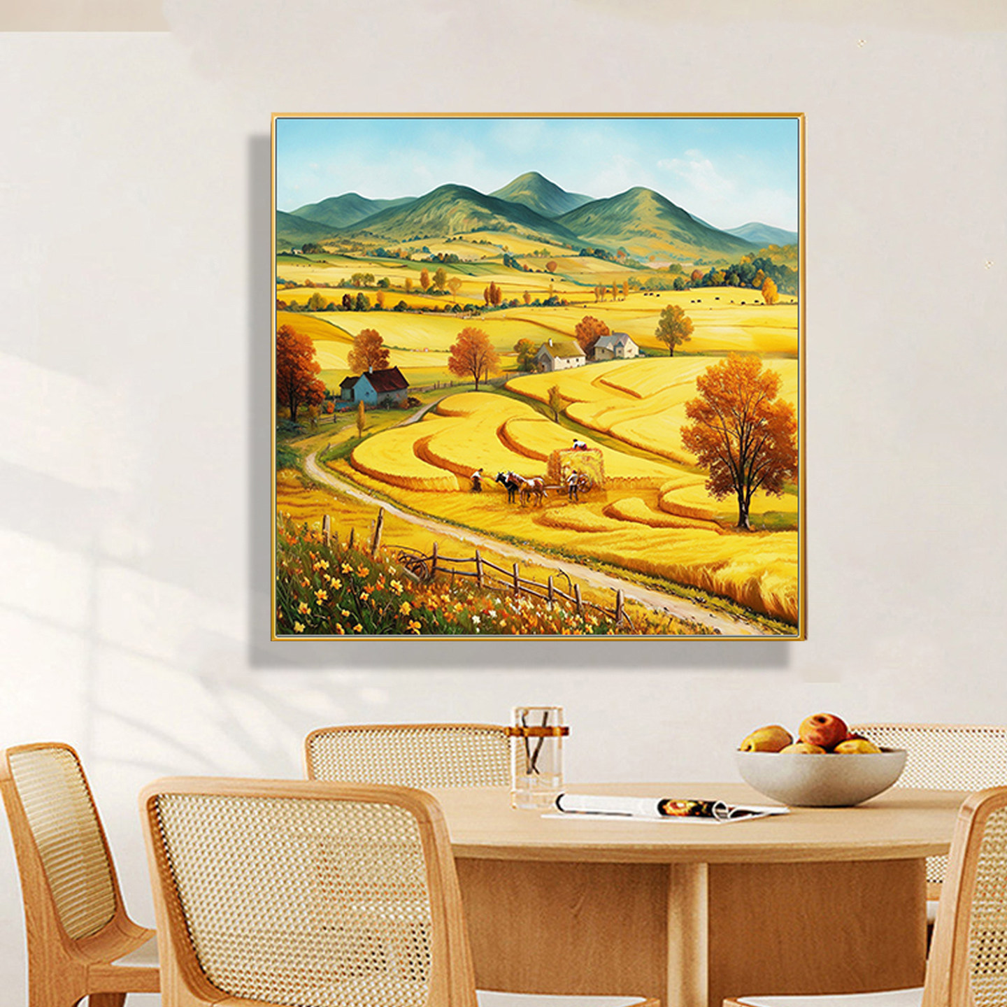 中古风丰收麦田客厅背景装饰画