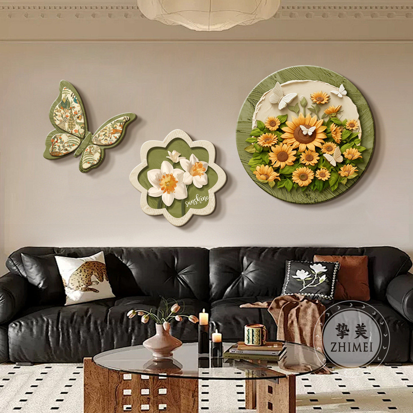 奶油中古风向日葵客厅装饰画沙发背景墙挂画法式复古高级感组合画