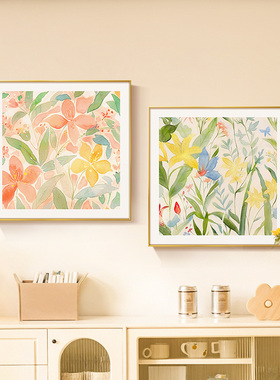 奶油风餐厅装饰画花卉ins风小清新饭厅背景墙挂画原木风餐桌壁画