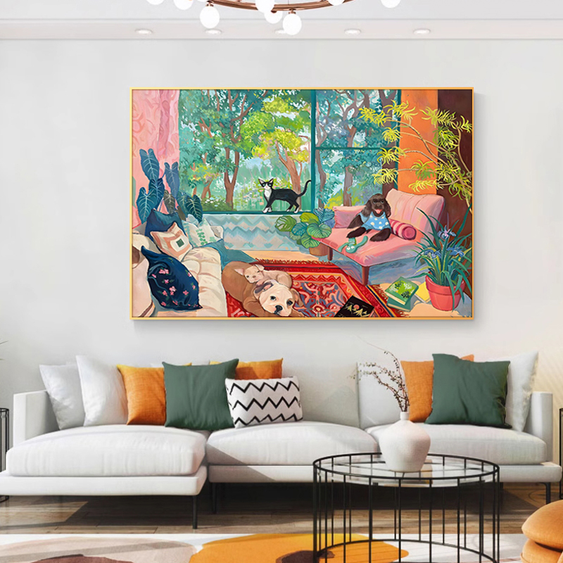 马蒂斯抽象客厅装饰画玄关背景墙北欧小众艺术高级感挂画小狗壁画图片